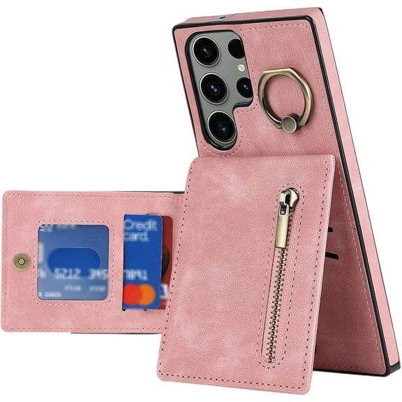Stylish Creative Finger Ring Leather Phone Case for Samsung Galaxy S21 S20 Ultra Plus FE Lite Classic Wallet Design Card Slots Function Shockproof Protector Shell(Pink,S20 Lite)