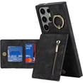 thumbnail image 1 of Stylish Creative Finger Ring Leather Phone Case for Samsung Galaxy S21 S20 Ultra Plus FE Lite Classic Wallet Design Card Slots Function Shockproof Protector Shell(Black,S21), 1 of 8