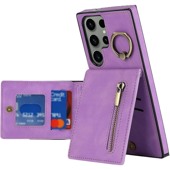 Stylish Creative Finger Ring Leather Phone Case for Samsung Galaxy S21 S20 Ultra Plus FE Lite Classic Wallet Design Card Slots Function Shockproof Protector Shell(Purple,S20 Lite)