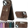 thumbnail image 1 of Stylish Creative Finger Ring Leather Phone Case for iPhone 14 13 12 11 Mini Plus Pro Max Classic Wallet Design Card Slots Function Shockproof Protective Shell(Brown,14), 1 of 8