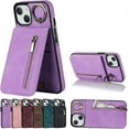 thumbnail image 1 of Stylish Creative Finger Ring Leather Phone Case for iPhone 14 13 12 11 Mini Plus Pro Max Classic Wallet Design Card Slots Function Shockproof Protective Shell(Purple,12 Pro Max), 1 of 8