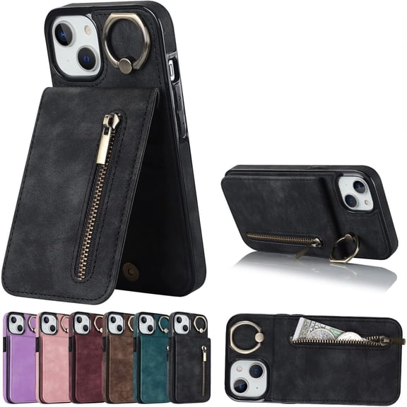 Stylish Creative Finger Ring Leather Phone Case for iPhone 14 13 12 11 Mini Plus Pro Max Classic Wallet Design Card Slots Function Shockproof Protective Shell(Black,11)