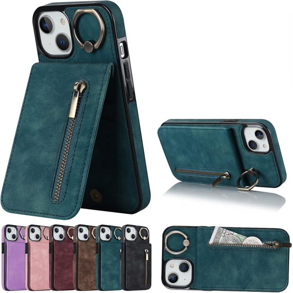 Stylish Creative Finger Ring Leather Phone Case for iPhone X XR XS Max 8 7 6 S Plus SE Classic Wallet Design Card Slots Function Shockproof Protective Shell(Blue,X/XS)