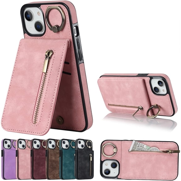 Stylish Creative Finger Ring Leather Phone Case for iPhone X XR XS Max 8 7 6 S Plus SE Classic Wallet Design Card Slots Function Shockproof Protective Shell(Pink,X/XS)
