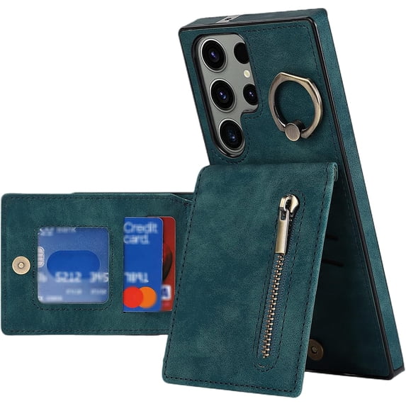 Stylish Creative Leather Phone Case with Finger Ring for Samsung Galaxy Note 20 10 Ultra Pro Classic Wallet Design Card Slots Function Shockproof Protector Cover(Green,Note 20 Ultra)