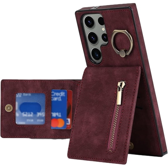 Stylish Creative Leather Phone Case with Finger Ring for Samsung Galaxy Note 20 10 Ultra Pro Classic Wallet Design Card Slots Function Shockproof Protector Cover(Red,Note 10)