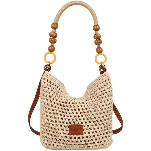 Stylish Crochet Tote Bag for Women Summer Beach Woven Hobo Handbag Fashion Bead Handmade Shoulder Bag Purse