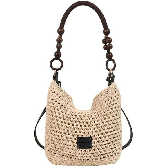 Stylish Crochet Tote Bag for Women Summer Beach Woven Hobo Handbag Fashion Bead Handmade Shoulder Bag Purse