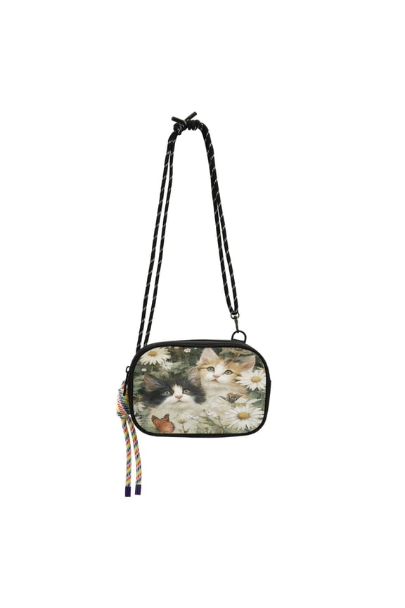 Stylish Crossbody Phone Bag Purse Handbags Adjustable Strap, Compact Design for Essentials Adorable Cats and Daisies