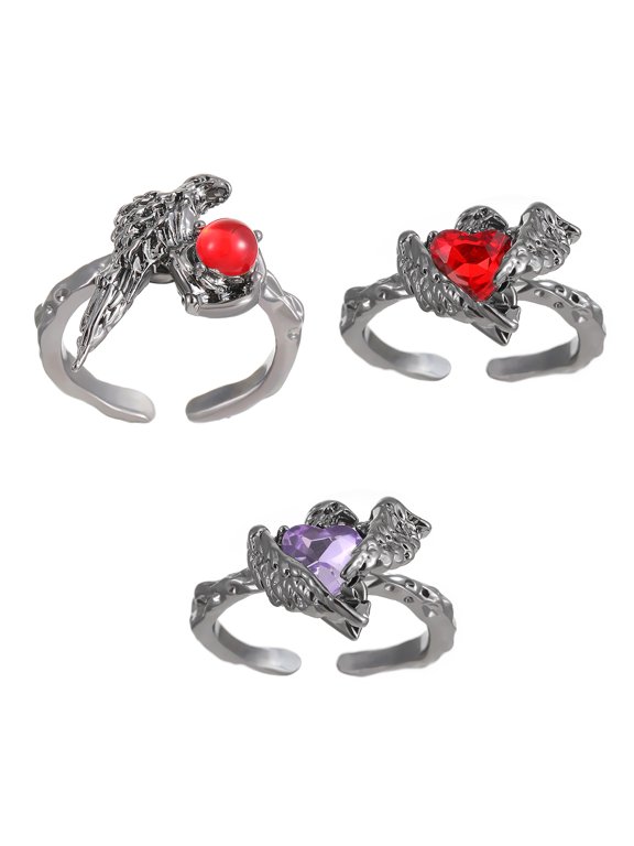 Stylish Crow Themed Rings With Red Gemstones Stylish Crow Rings For Eye Catching Appeal And Powerful Symbol
