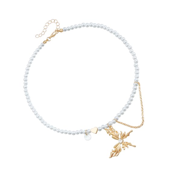 Stylish Crystal Butterfly Heart Pendant Necklace Adorned With Simulated Pearls Fringe Drop Lightweight Jewelry
