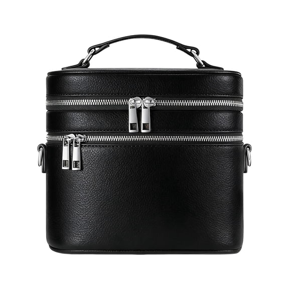 Stylish Cylindrical Makeup Carrier Designed With Double Zippers And Shoulder Strap Attachment For Easy Carrying