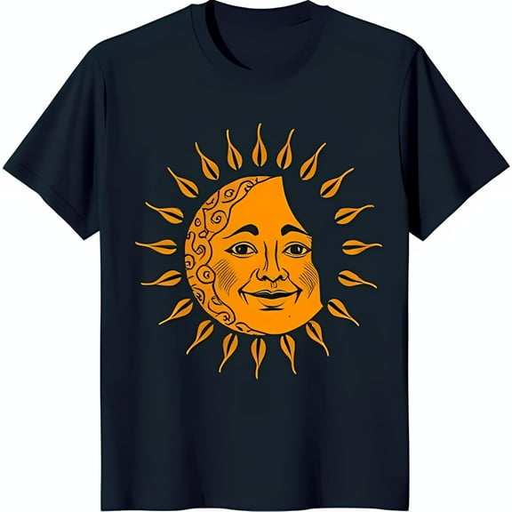 Stylish Dark Blue T-Shirt with Unique Sun and Moon Circular Design Smiling Face Bold & Colors