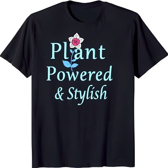 Stylish Dark Blue T-Shirt with White Flower & Pink Center Design 'Plant Powered & Stylish' Graphic Tee
