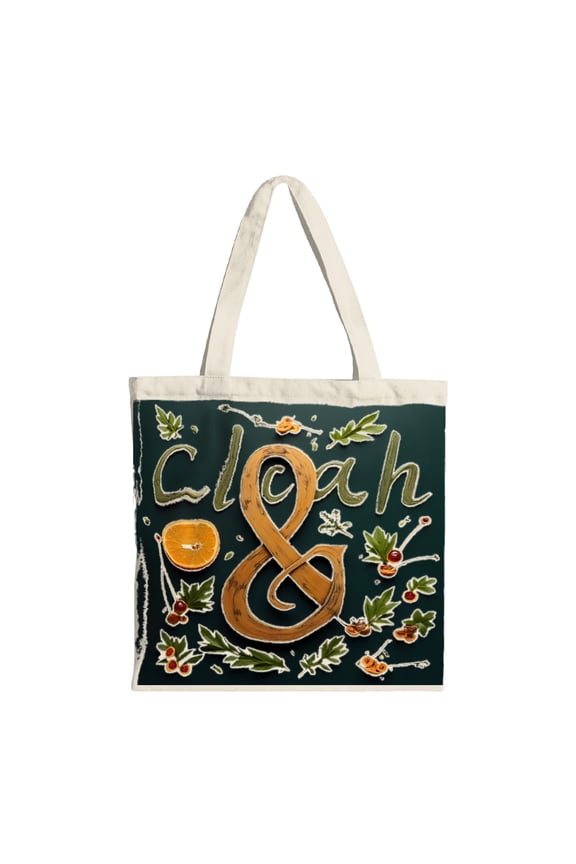 Stylish Dark Green Tote Bag with Wooden ' 8 ' Design Leaf & Accents Cursive ' clouah ' Eco - Friendly Canvas Perfect for Shopping Travel & Parties