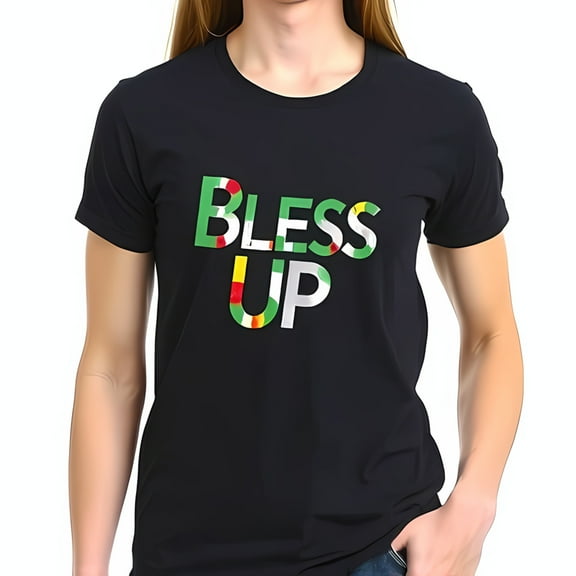 Stylish Dark Navy Blue Cotton Short Sleeve T-Shirt with Bold 'BLESS UP' Multicolored Graphic Design