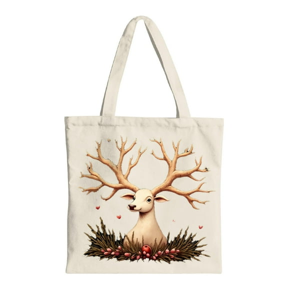 Stylish Deer Illustration Tote Bag - Whimsical Canvas Bag with Antlers Red Berries & Green Foliage - Perfect for Shopping Travel & Parties