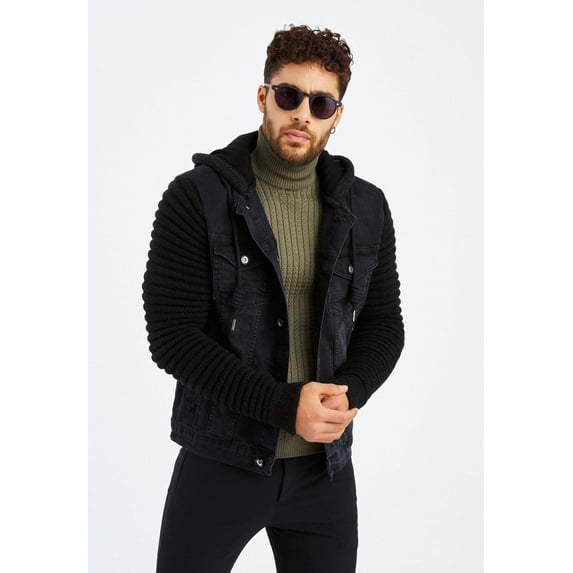 Stylish Denim Jacket With Knitted Sleeves And Hood