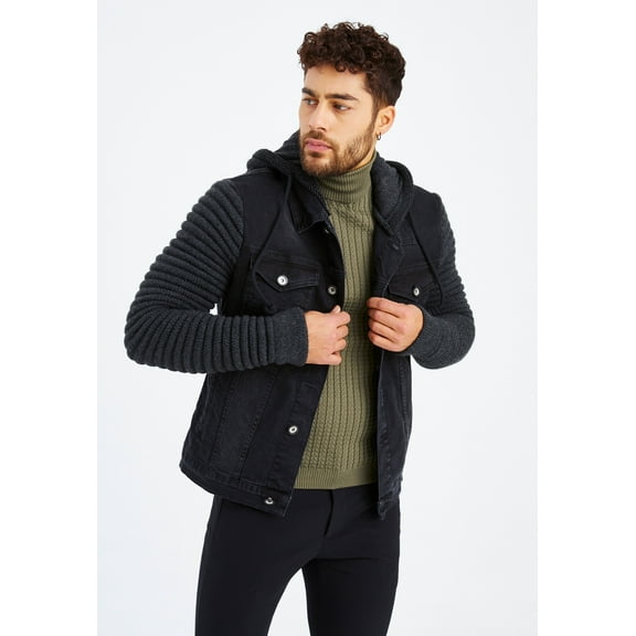 Stylish Denim Jacket With Knitted Sleeves And Hood