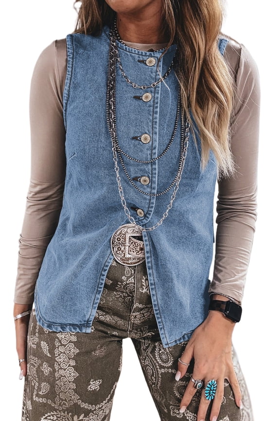 Stylish Denim Vest – Button Front Slit Waistcoat for Women, Versatile Four Season Layering, M