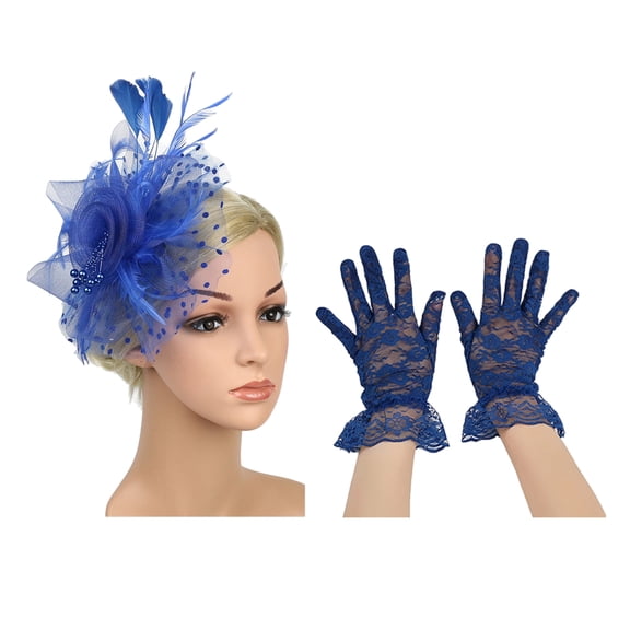 Stylish Derby Day Cocktail Hat With Structured Mesh Veil And Ornate Feathered Detail Wrist Lace Gloves Set for Weddings