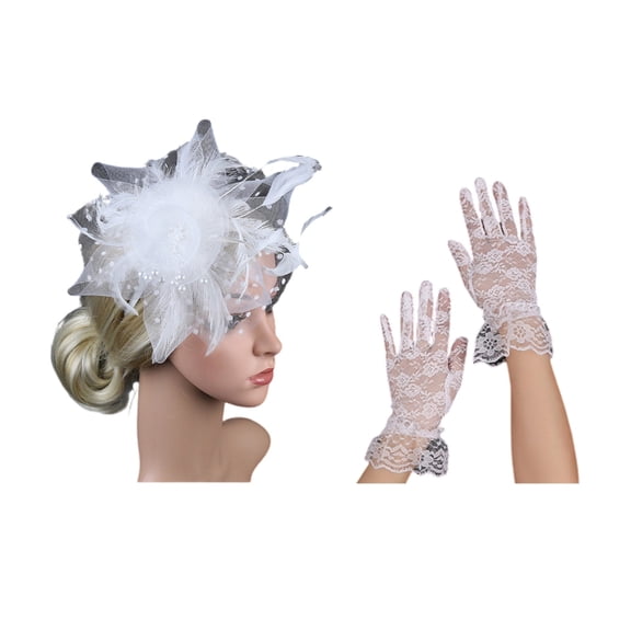 Stylish Derby Day Fascinator Hat With Structured Mesh Veil And Ornate Feather Detail Wrist Lace Gloves Set for Weddings
