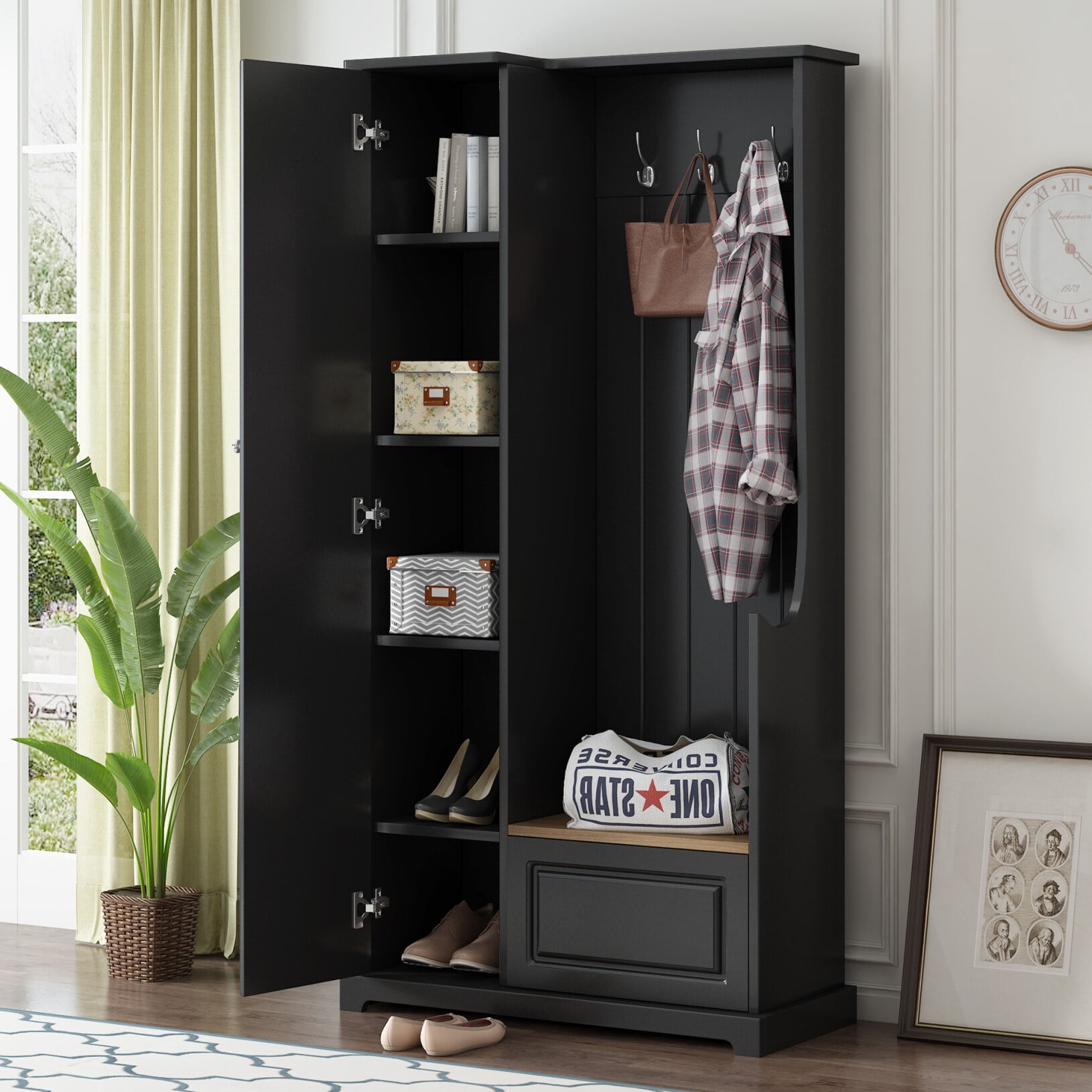 Stylish Hall Tree with Flip Up Bench Adjustable Shelves Coat Rack Shoe Cabinet Black Walmart