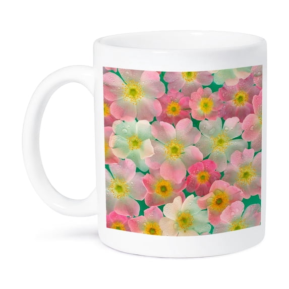3dRose, Stylish Dewey Pink n Sage Green Flowers, 15oz Mug
