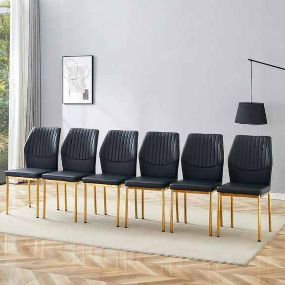 Stylish Dining Chair In Black Pu Leather And Metal Gold, Of 6, Provides A Comfortable Experience Modern , Gold Legs, 17.07 In. Seat Width For Spaciousness