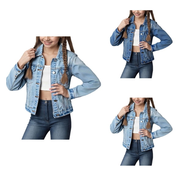 Stylish Distressed Denim Jacket for Girls – Button-Down Long Sleeve Washed Jean Outerwear with Notched Collar, Casual Coat for Teens & Preteens