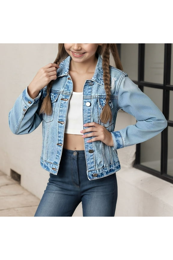 Stylish Distressed Denim Jacket for Girls Notched Collar Outerwear Teen Preteen Casual Coat Fashionable Youth Garment