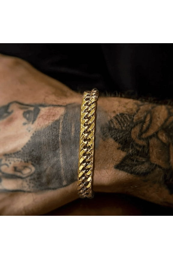 Stylish Double Curb Chain Bracelets for Men Boys,8/10/12/15mm 14K Yellow Gold Miami Link Wristband,Punk Jewelry Gifts