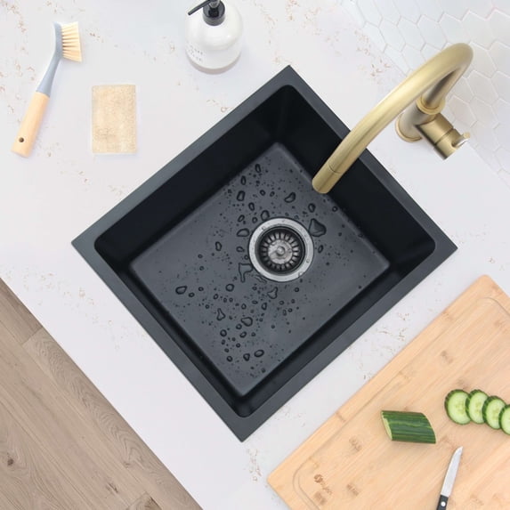 Stylish Dual Mount 16" Black Composite Granite Single Bowl Kitchen Sink with Strainer S-816N