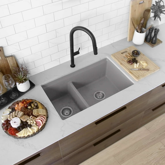 Stylish Dual Mount 30” Gray Composite Granite Double Bowl Kitchen Sink with 5 accs S-831WL