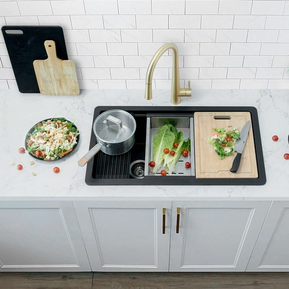 Stylish Dual Mount 32" Black Composite Granite Single Bowl Kitchen Sink with 4 accs S-832WN