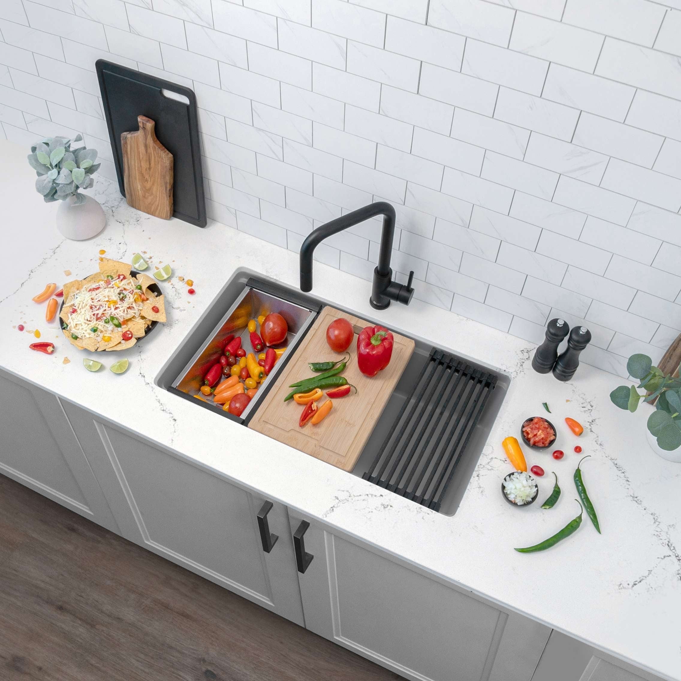 Stylish Dual Mount 32" Gray Composite Granite Single Bowl Kitchen Sink with 4 accs S-832WL