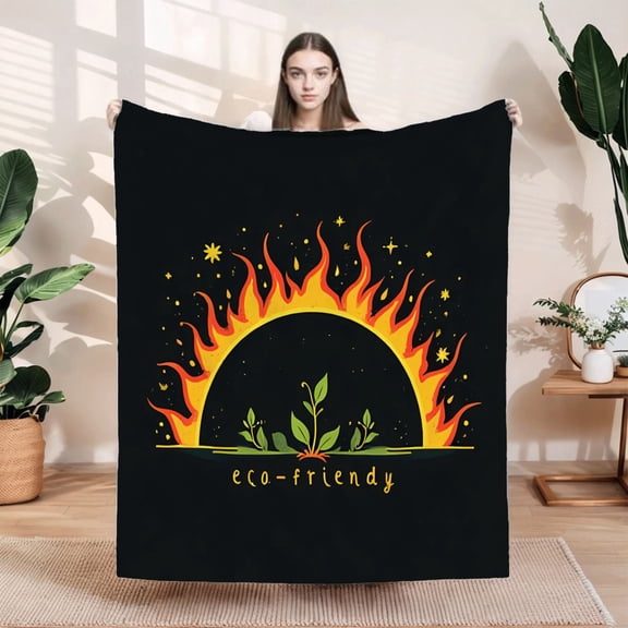 Stylish Eco - Friendly Flannel Blanket - Soft Warm and Cozy for Sofa Travel Bed and Chair - Vibrant Sun and Plant Design