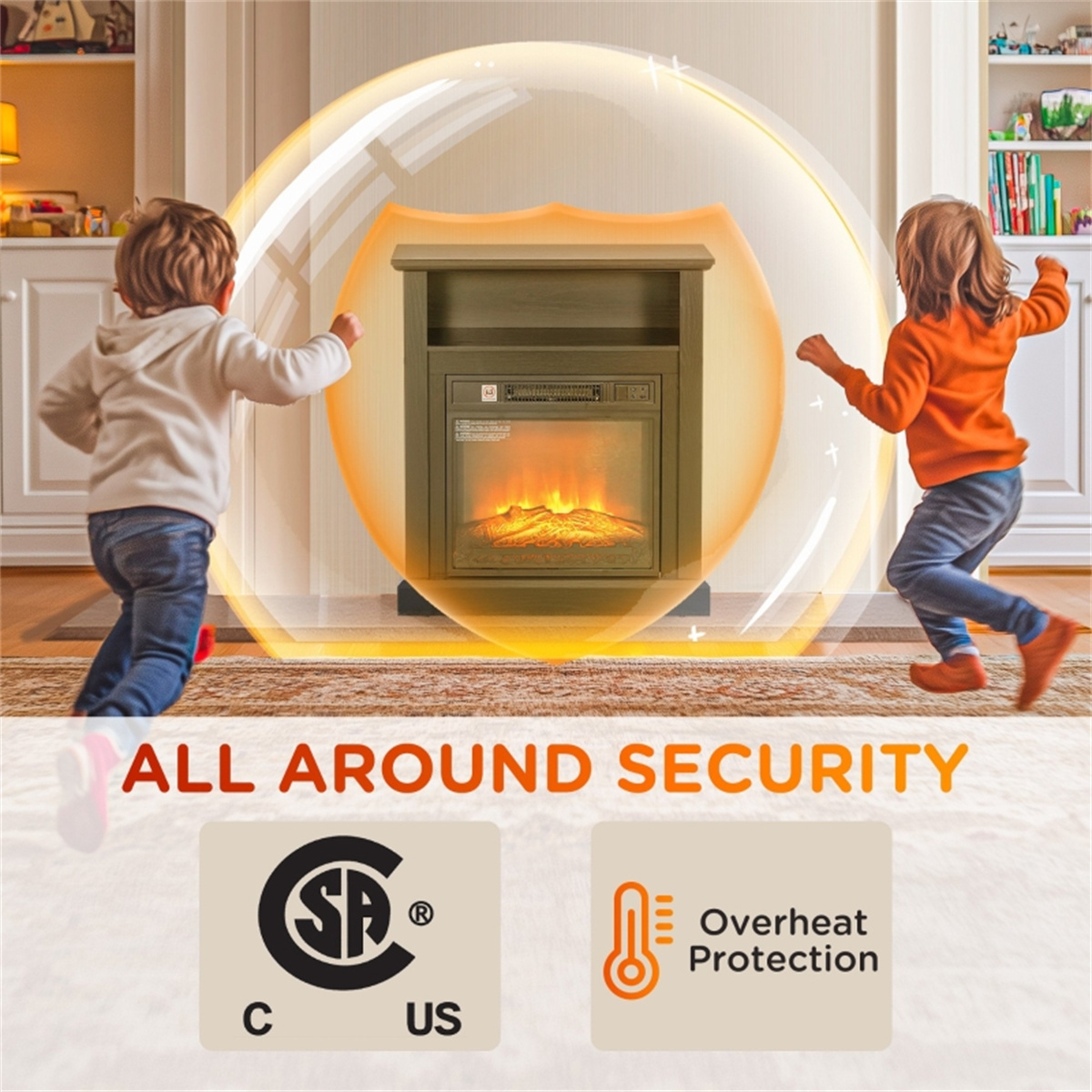 Stylish Electric Fireplace Heater with Adjustable Heat Settings, Safe