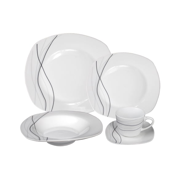Stylish and Elegant 20 Pieces Porcelain Square Dinnerware Set Service for 4 People for Hosting Parties and Events - Silver and Black Confetti Theme Design