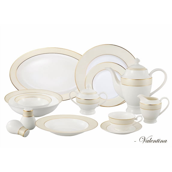 Stylish and Elegant 57 Pieces Bone China Dinnerware Set Service for Hosting Parties and Events for 8 People - 57 Piece, Beige Border with 24K Gold Trim