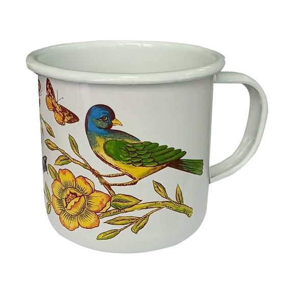 Stylish Enamel Mug, White Round Durable Drinks Serving for Indoor Outdoor Use - Birds, 13 oz 400 ml