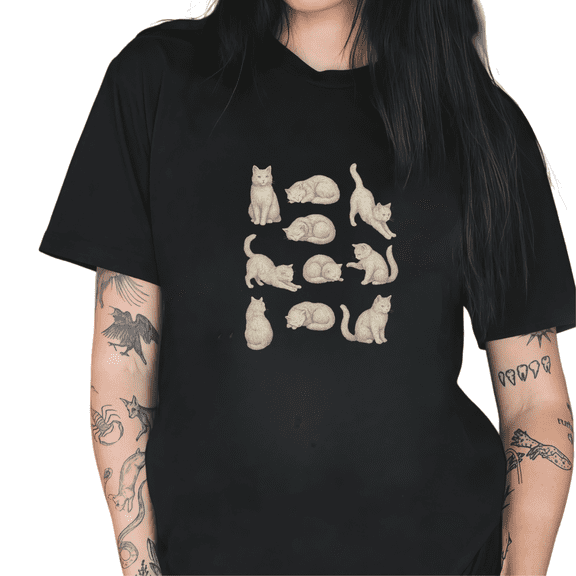 Stylish Etched Cat Group Illustration Graphic Tees Print Tshirt Shirts S-5XL Black Retro Casual Tops