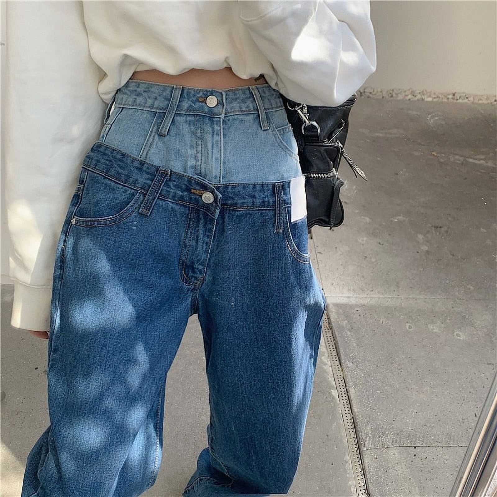 Stylish Fake Two Piece Jeans Women Patchwork Daddy Pants Female Baggy Jeans American Fashion