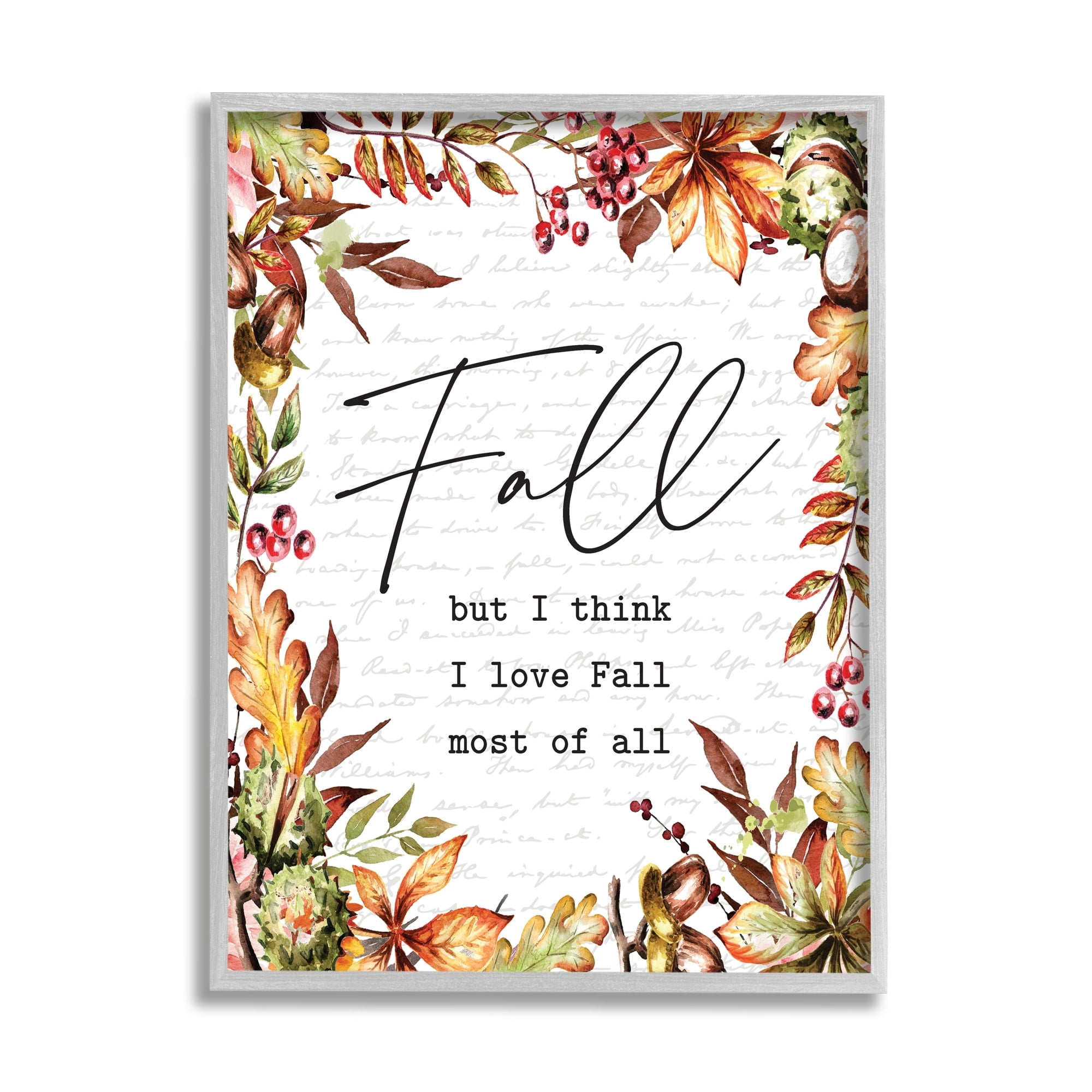 Stylish Fall Script Phrase Autumnal Foliage Plants Botanical & Floral Graphic Art Framed Art Print Wall Art