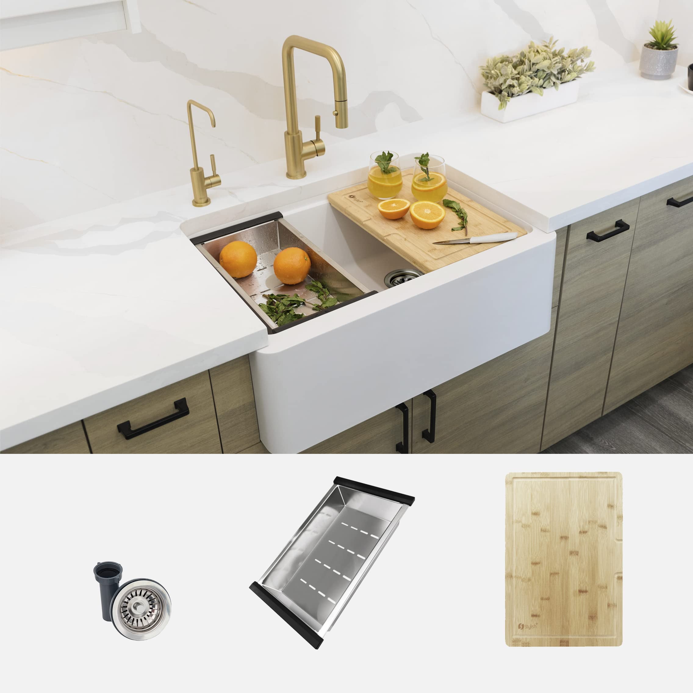 White Composite Granite 30" Farmhouse Apron Kitchen Sink with Accessories
