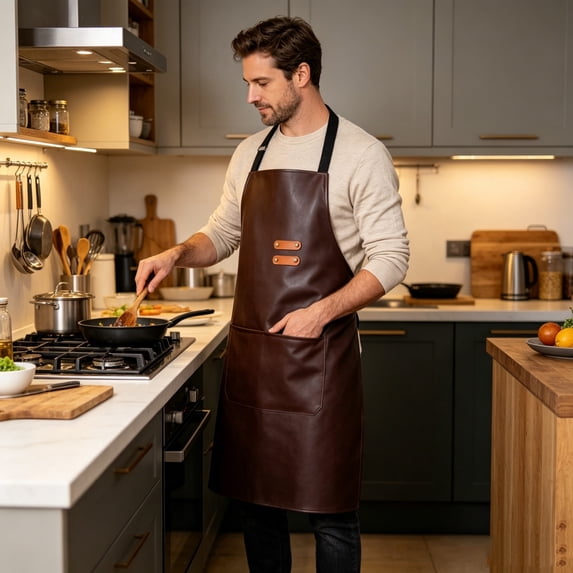 Stylish Faux Leather Kitchen Apron with Large Front Pocket Water Repellent Stain Resistant Adjustable Neck Strap for Cooking Grilling Home Commercial Use for Men and Women