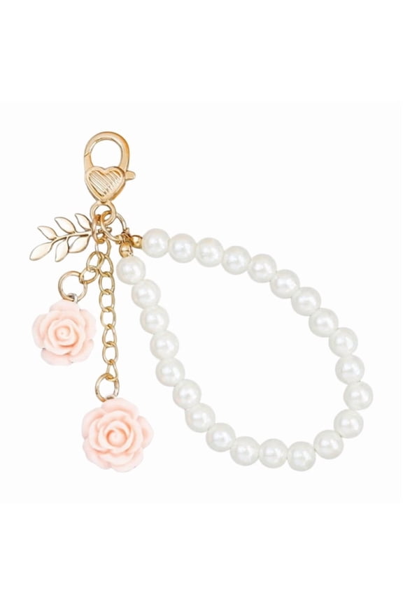 Stylish Faux Pearls and Rose Key Holder Beaded Key Chain Bag Charm Lightweight Keychain Ornament for Women Girls