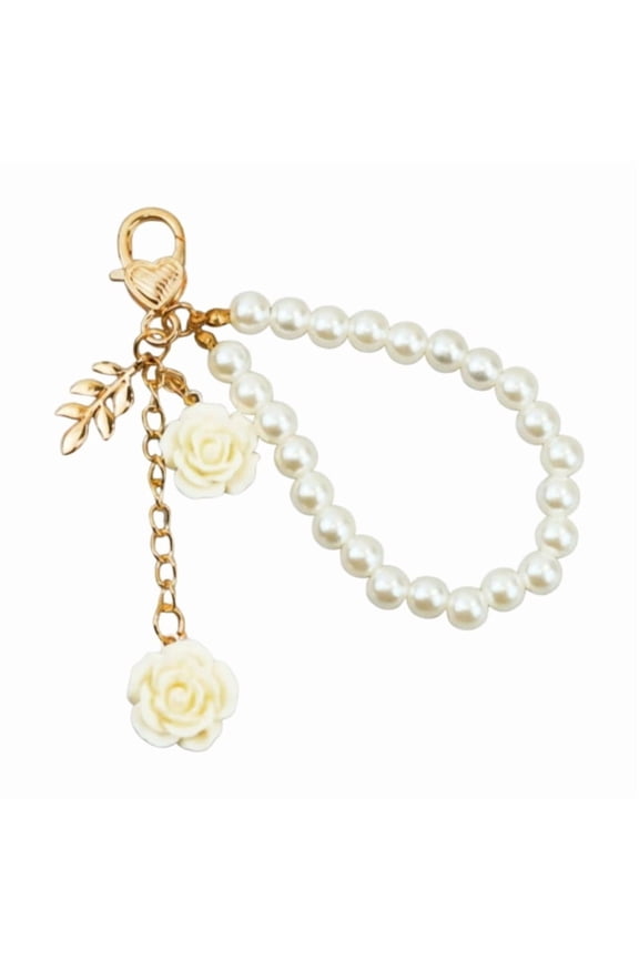 Stylish Faux Pearls and Rose Key Holder Beaded Key Chain Bag Charm Lightweight Keychain Ornament for Women Girls