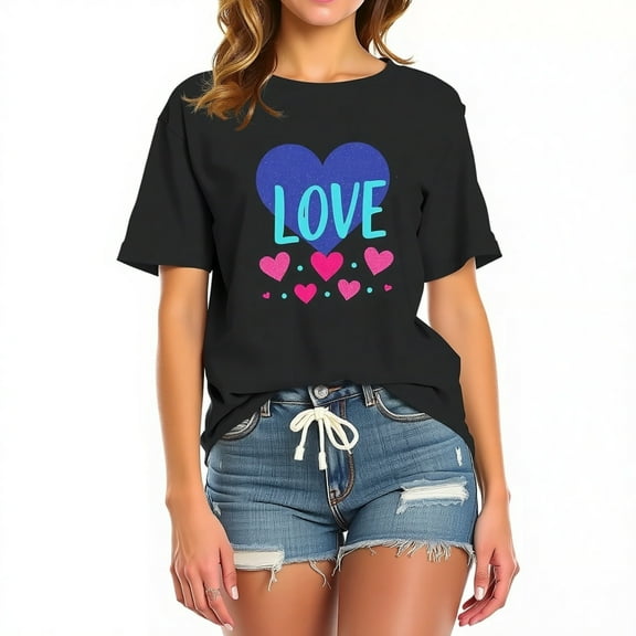 Stylish Fitted Black T-Shirt with Sparkling Purple Heart & "LOVE" Design Casual Summer Fashion