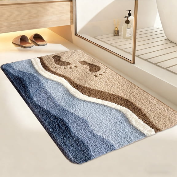 Stylish Flannel Bath Mat 15.7"x23.6", Non-Slip Absorbent Bathroom Rug with Beach Waves Design